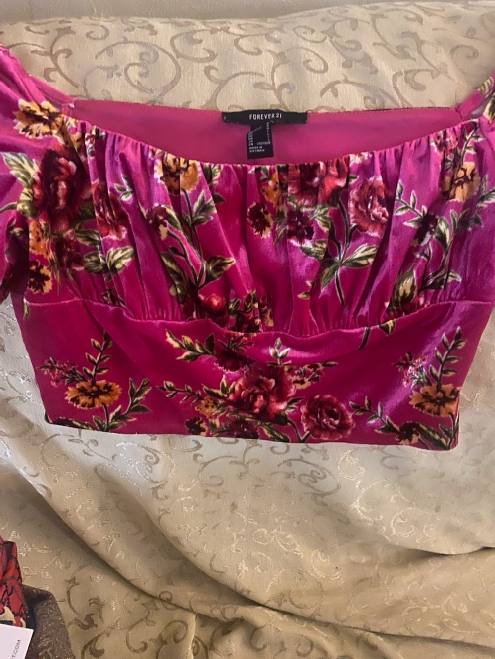 Forever 21 Magenta Floral Velvet Bustier Top